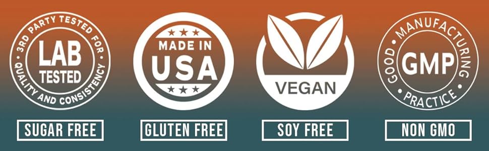 lab tested, made in the usa, vegan, gmp, sugar free, gluten free, soy free, non gmo
