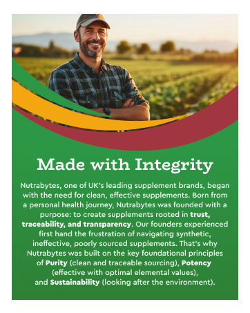 Text reads 'Made with Integrity'. Marketing image showing agricultural field scene with text overlay discussing company values and sustainability commitments.
