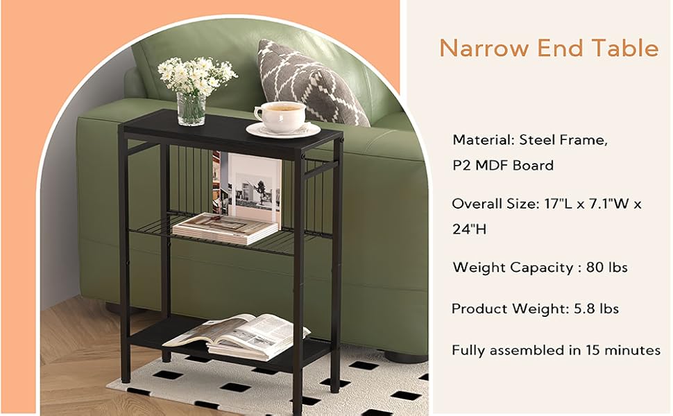 Yusong Small Narrow Side Table for Small Spaces, Slim End Table