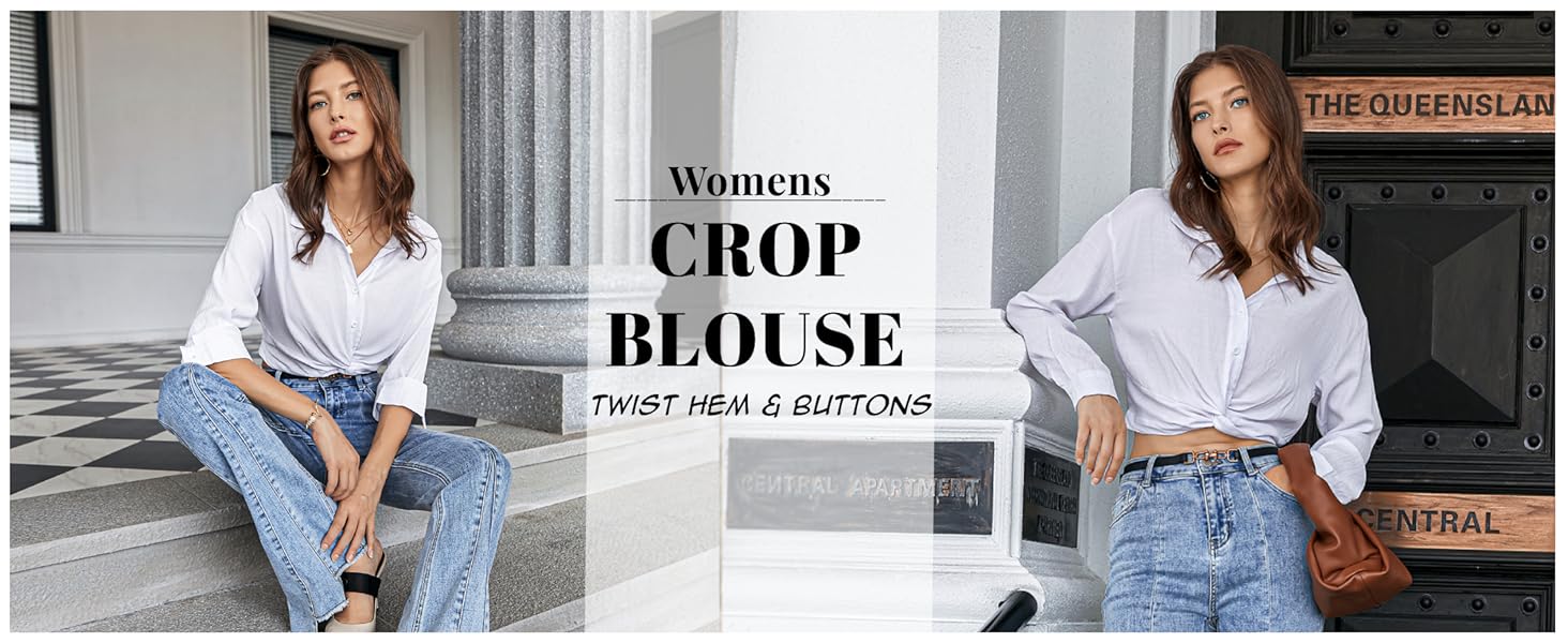 long sleeve blouse twist knot crop top for women casual blouse going out