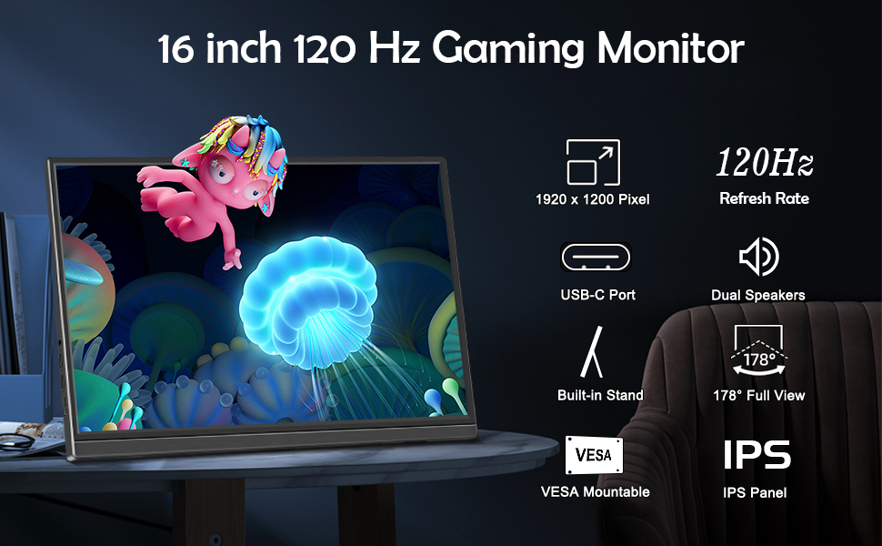 Ulrhzar 120Hz Portable Monitor 16 Inch Gaming Monitor HDR FHD