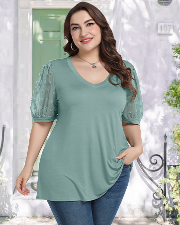BELAROI Plus Size Tops for Women Summer T Shirts Chiffon Puff Short Sleeve V Neck Blouses