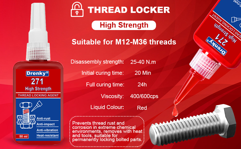 Drenky Threadlockers Low Strength, Thread Locker 50ml Oil Tolerant