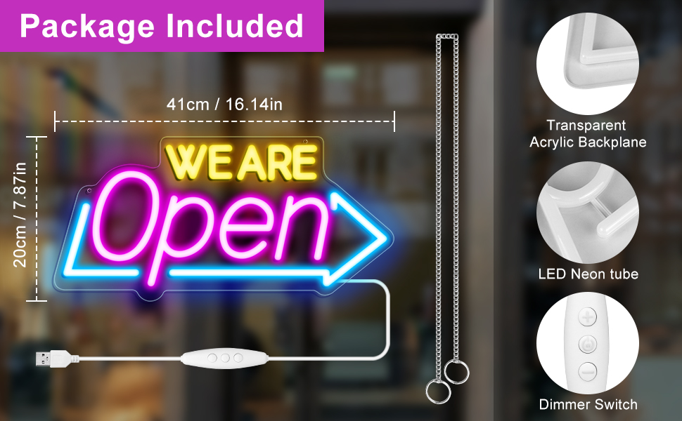 LED neon 'We Are Open' sign with arrow, showing package contents including 41cm length measurement, transparent acrylic backplane, and dimmer switch.