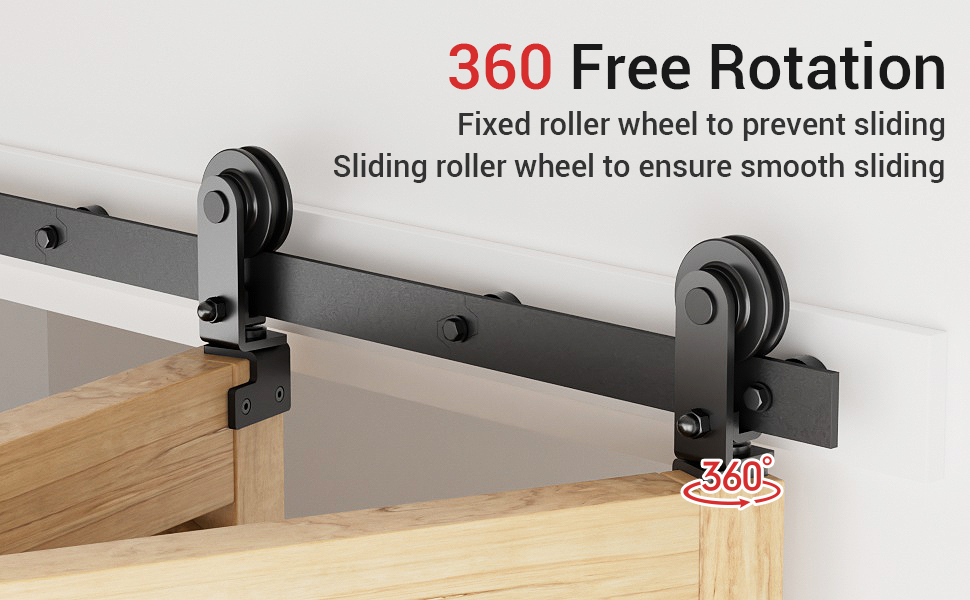 Beschläge für Schiebetore mit um 360 Grad drehbaren Rädern auf einer schwarzen Metallschiene. Ein Rad ist fest, das andere gleitet für einen reibungslosen Betrieb der Tür