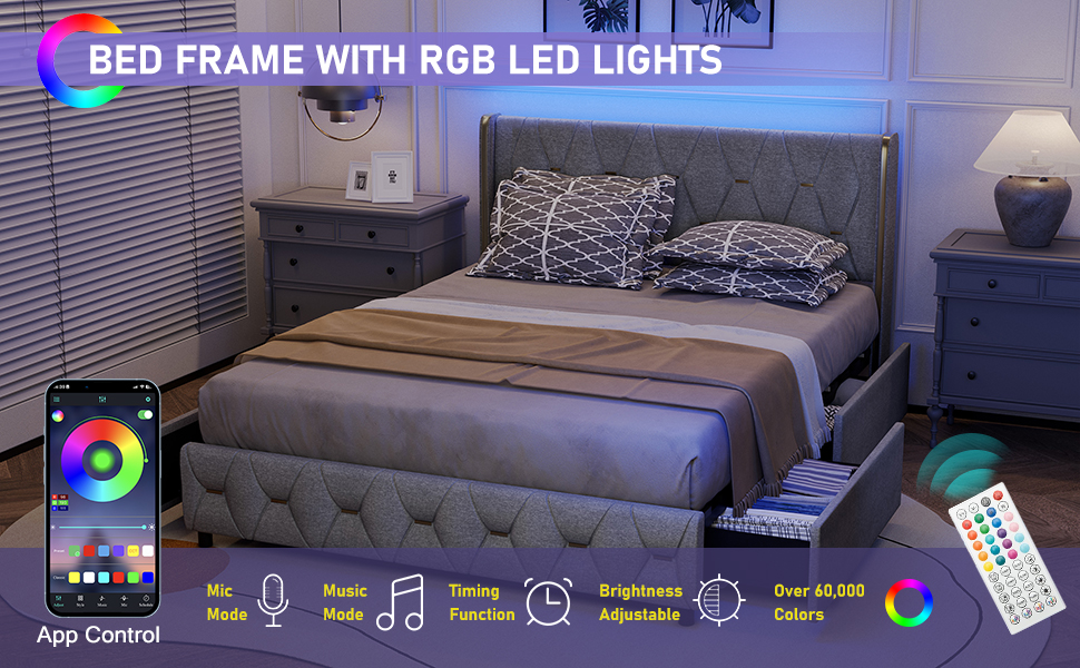 Queen LED Bed Frame with 4 Storage Drawers, Upholstered