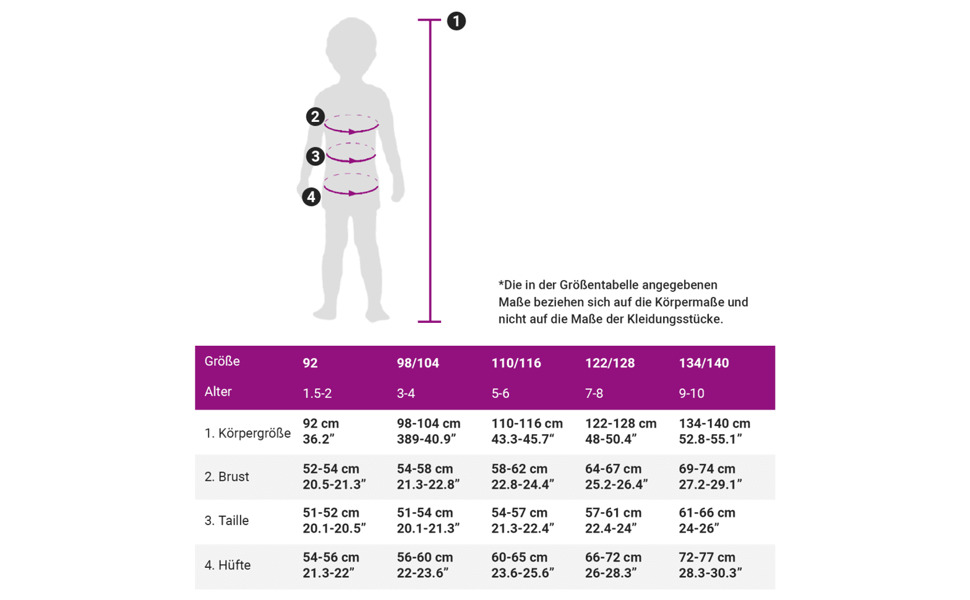 Size chart showing measurements with silhouette figure and corresponding numerical values in table format.