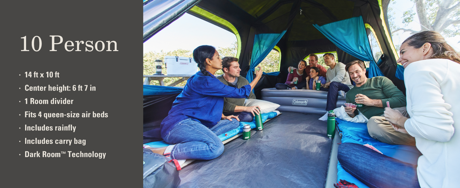 ten person tent coleman air mattress card games laugh friends family carry bag dark room tech large