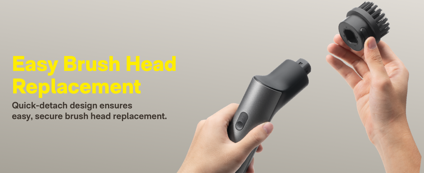 Electric grooming device with detachable brush head shown being removed from main unit, demonstrating quick-detach replacement feature.