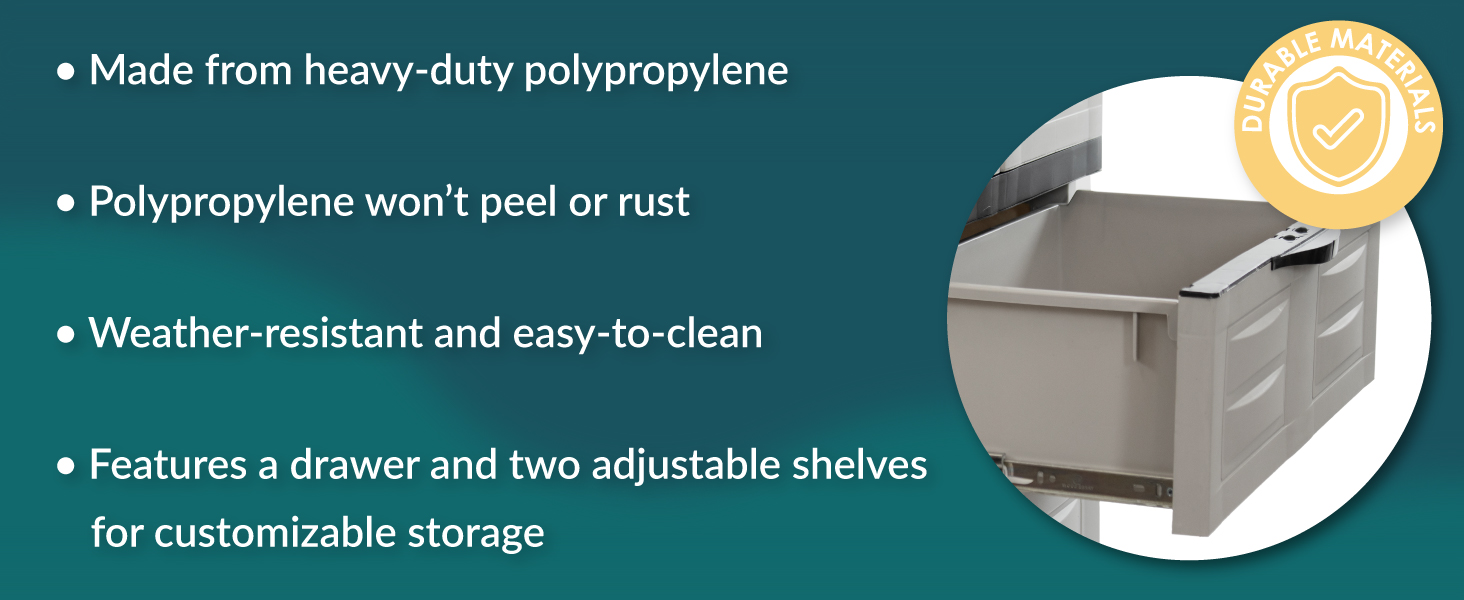 made from polypropylene weather-resistant and easy to clean has 2 adjustable shelves and 1 drawer