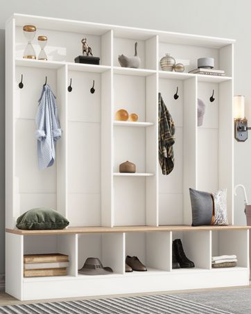 entry bench with storage and coat hooks