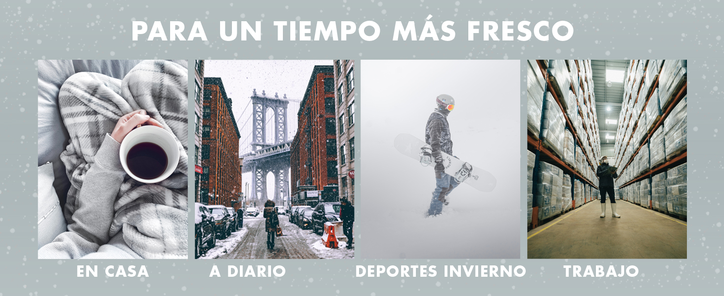 Imagen de cuatro paneles que muestra ropa para diferentes actividades: el hogar, el uso diario, los deportes de invierno y el trabajo. Texto 'Para un tiempo más fresco' (Para un clima más fresco).