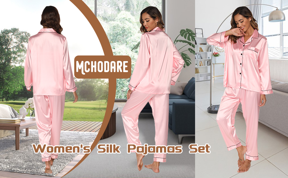 Women Silk Satin Pyjama, Women's Pyjama Sets, Loungewear Set, 2 Piece Loungewear, Button Down Ladies Pyjamas Long Sleeve Top and Pants Sleepwear for Ladies All Seasons 12 Women Silk Satin Pyjama