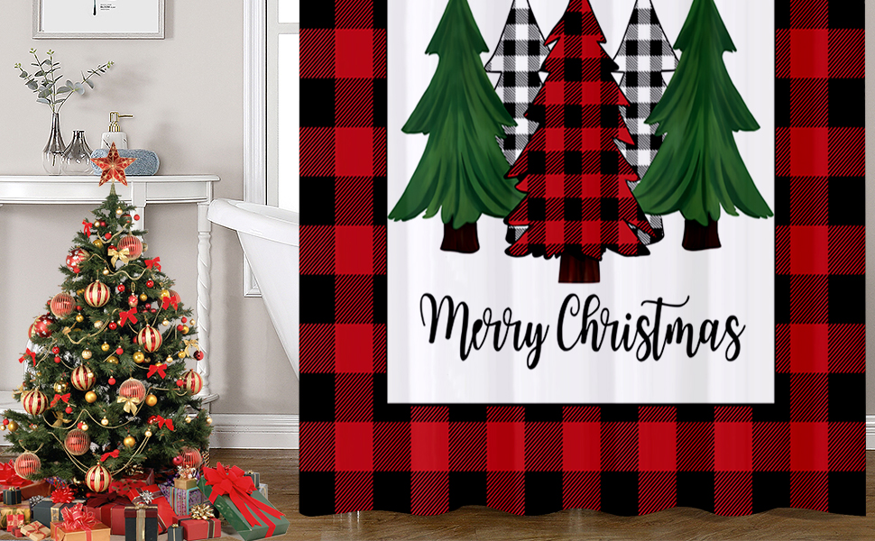 REZAYMRS Merry Christmas Red Stripe Tree Shower Curtain 12 Hooks, 72