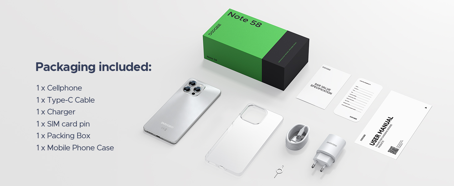Contents of the DOOGEE Note 58 retail box, including the phone, charger, cable, protective case, and documentation.