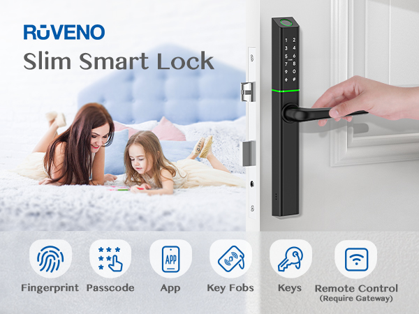 Roveno Slim Smart Lock installed on a door. Features fingerprint scanner, keypad, and mobile app control. Showcases smart home security technology.
