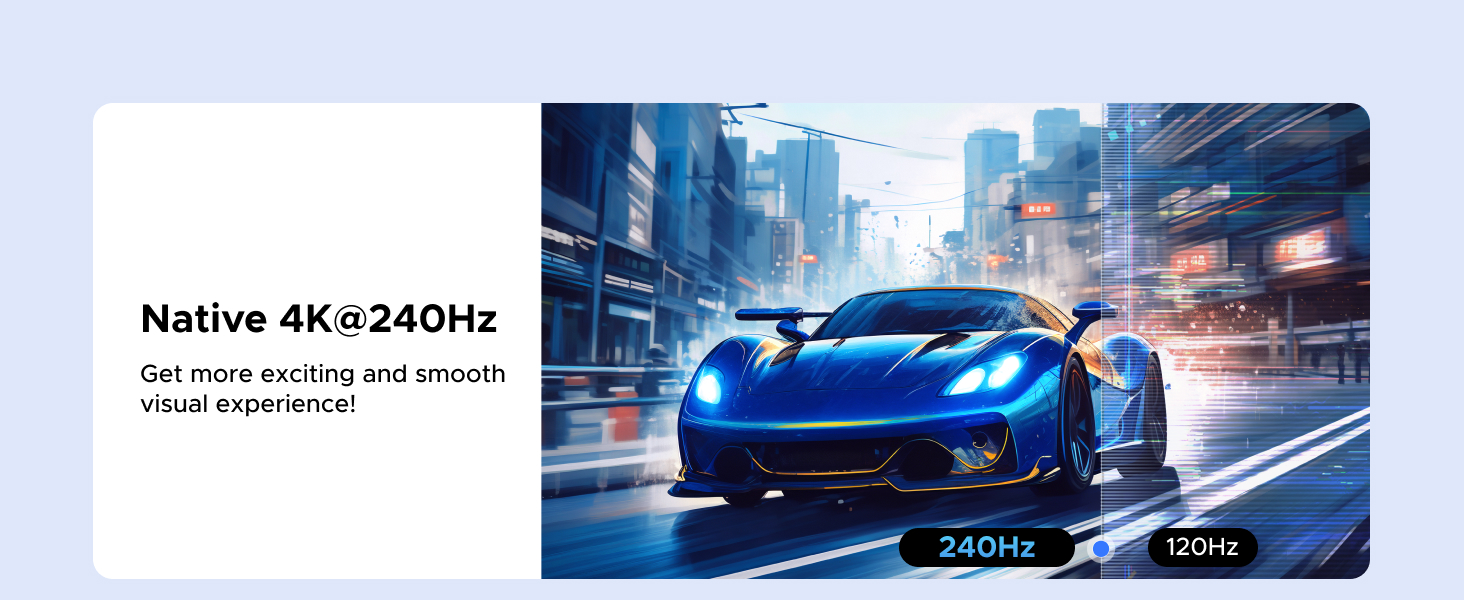 Gaming monitor display showcasing a blue sports car in a city scene. Text highlights 'Native 4K@240Hz' capability, emphasizing smooth visual experience with 240Hz vs 120Hz comparison.