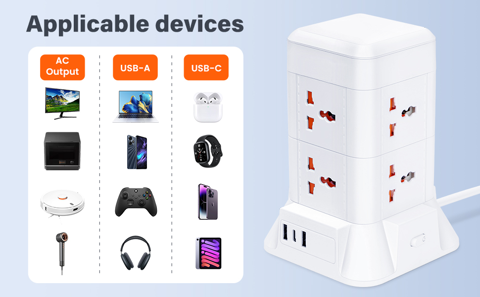 Text reads 'Applicable devices'. Technical diagram showing device compatibility icons including USB-C, mobile phones, tablets, and headphones with connecting lines.