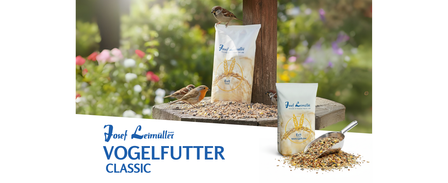 Auf der Verpackung von Vogelfutter steht „VOGELFUTTER“, abgebildet in einer Gartenanlage mit verstreuten Samen.