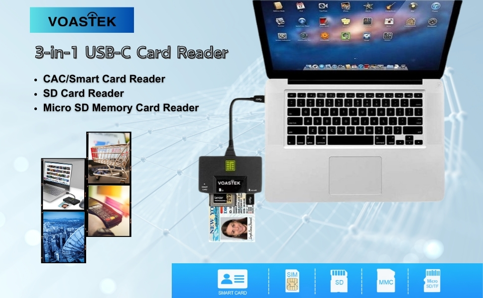 Amazon.com: VOASTEK Smart Card Reader USB C, CAC Card Reader with 3 ...