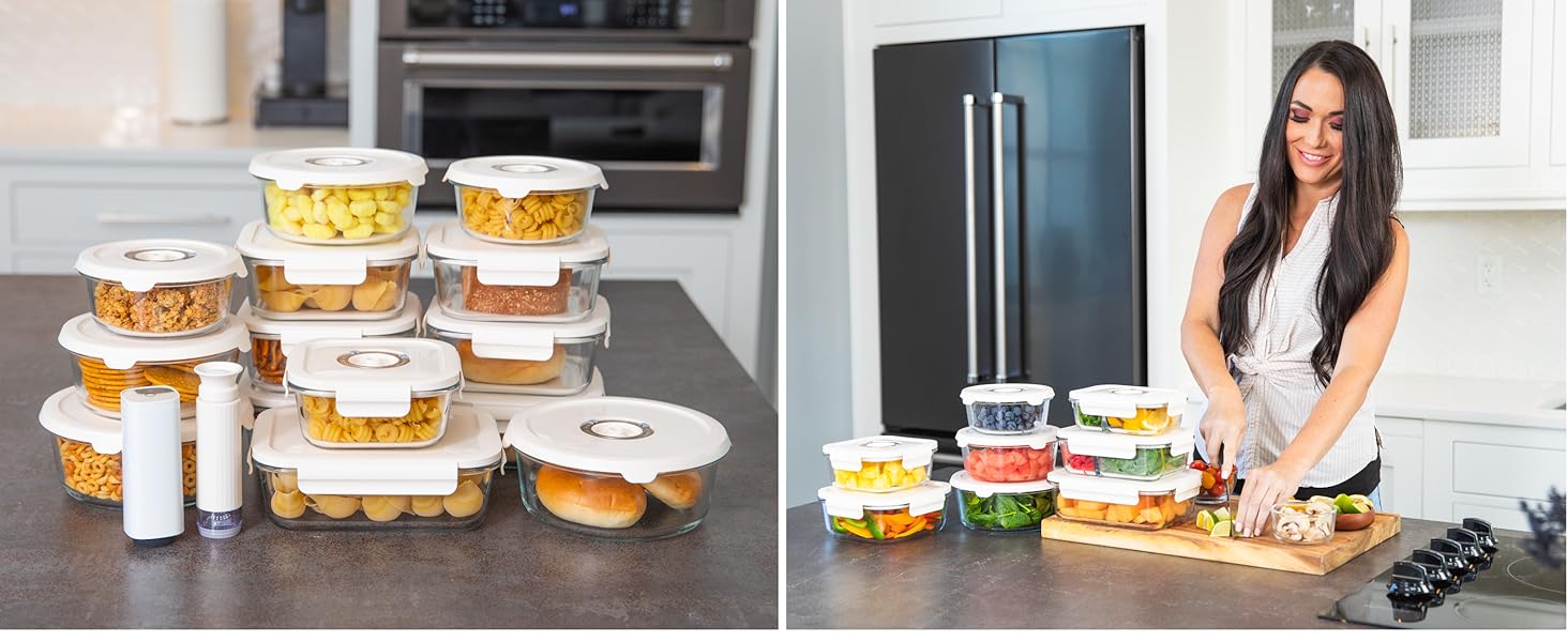 Vacuum seal container kits, fruits veggies, produce, stay fresh in fridge or pantry