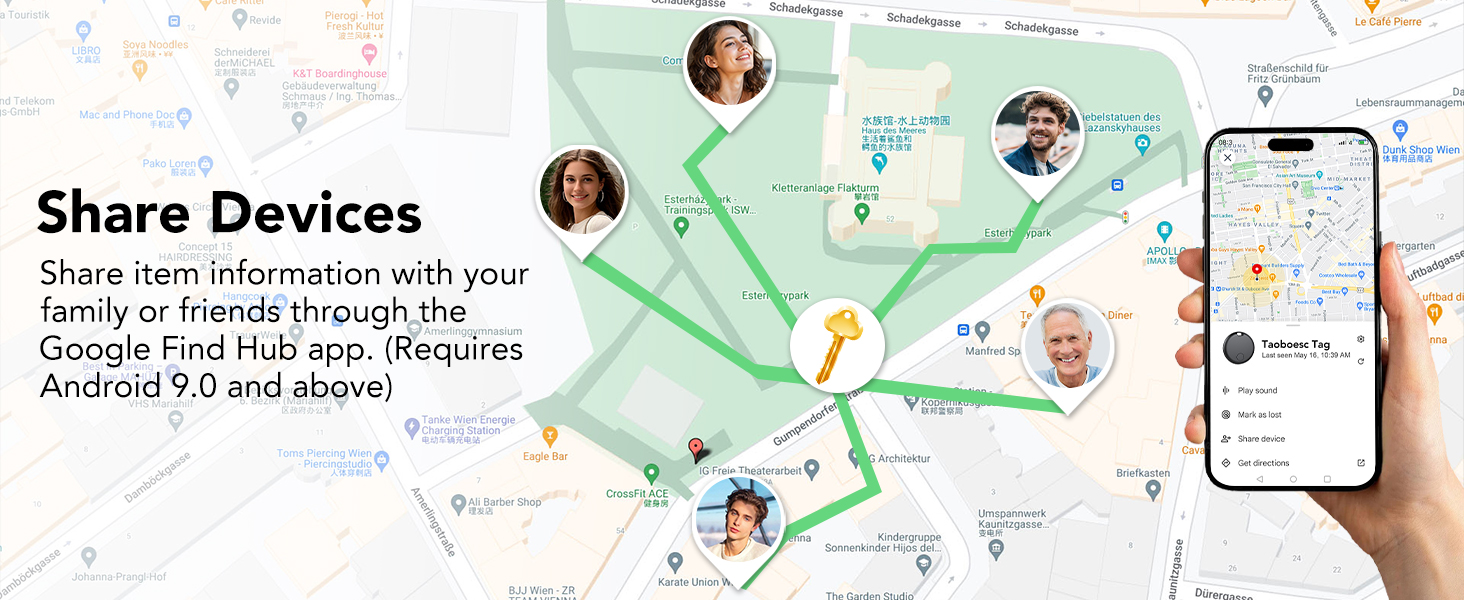 Text reads 'Android 5.0 and above'. Mobile app interface screenshots showing map views and location tracking features with user interface elements.