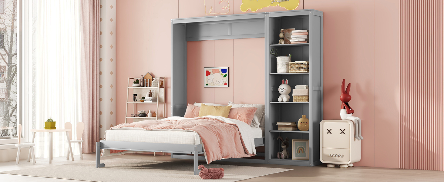 Merax Full Size Murphy Bed with Adujstable Storage Shelves, Fold into The Wall