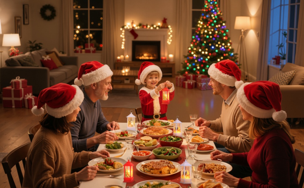 Festive dinner scene with people wearing Santa hats gathered around a table with food, Christmas tree and fireplace visible in background with warm lighting.