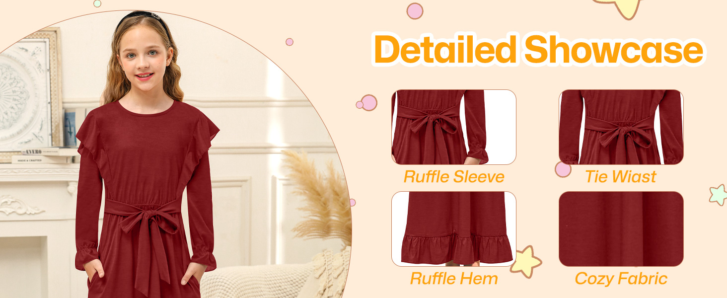 BesserBay Girls Ruffle Long Sleeve Long Dress Autumn Casual Maxi