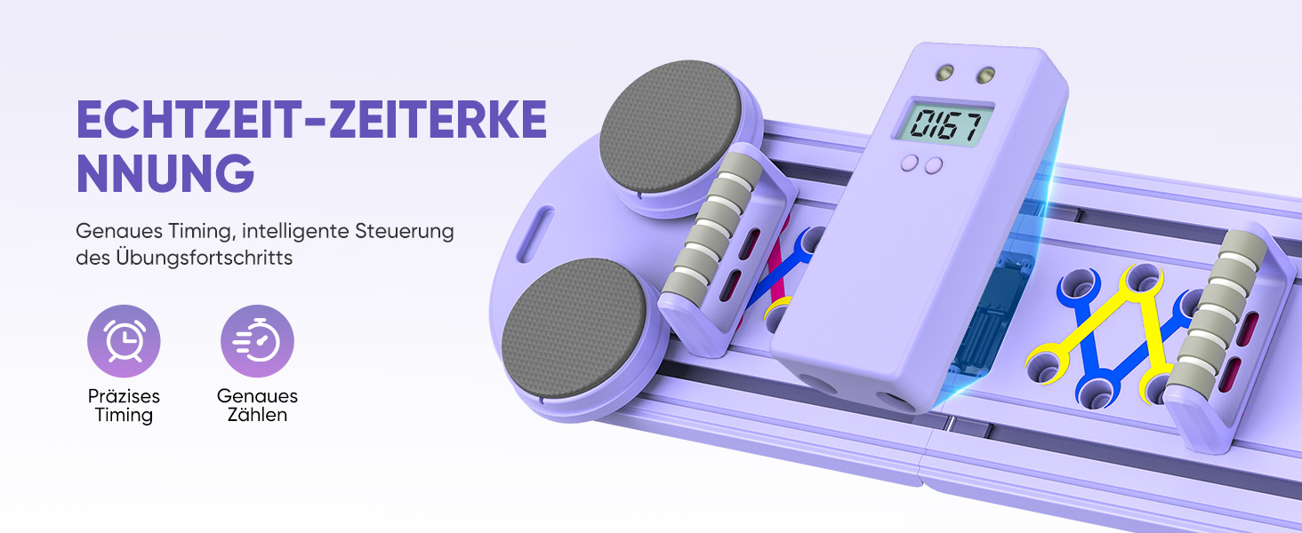 Der Text lautet „ECHTZEIT-ZEITERKENNUNG“. Violett getöntes Produktdisplay mit elektronischem Gerät mit Digitalanzeige und Timing-Funktionen.