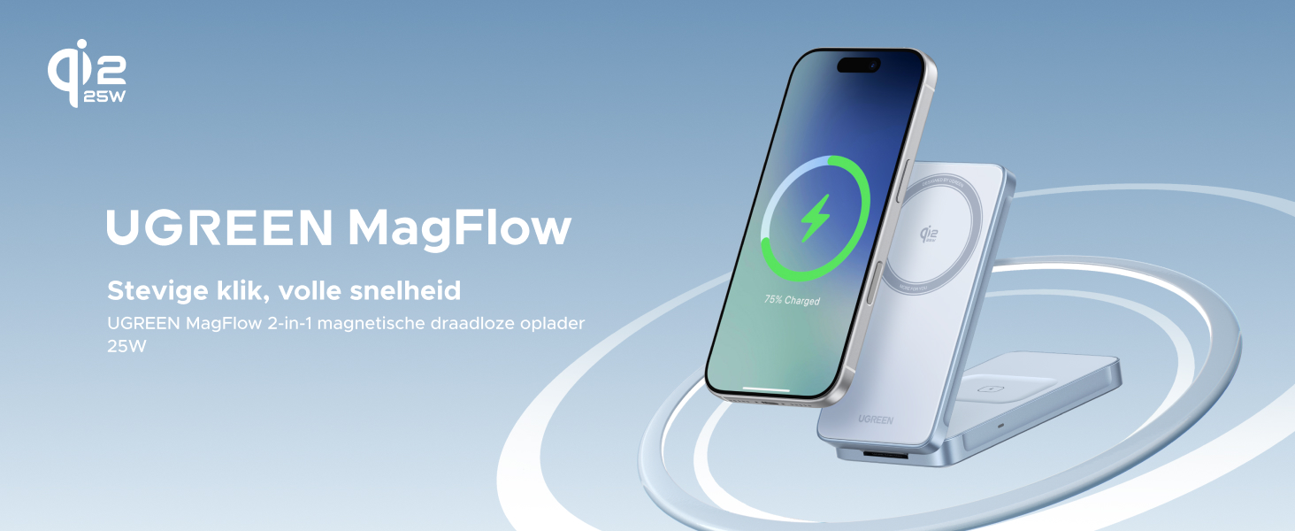 De tekst luidt 'UGREEN MagFlow'. Productopname van een draadloos oplaadapparaat met telefoon, weergegeven tegen een lichtblauwe achtergrond met afbeeldingen van de oplaadindicator.