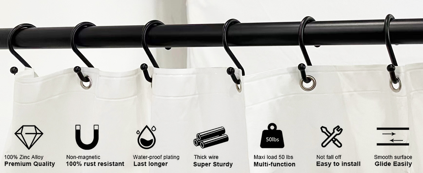 Metal Shower Curtain Hooks，Set of 12 Rings，Rust Resistant S