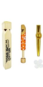 Wooden Train Whistle,Wooden Slide Whistle and Gold Aluminum Alloy KazooWood Educational Toys