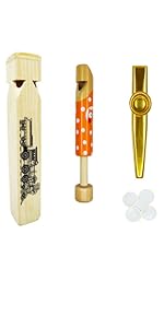 Wooden Train Whistle,Wooden Slide Whistle and Gold Aluminum Alloy KazooWood Educational Toys