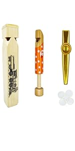 Wooden Train Whistle,Wooden Slide Whistle and Gold Aluminum Alloy KazooWood Educational Toys