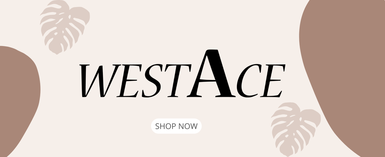 Minimalist banner with 'WESTACE' logo in black text on beige background. Decorative monstera leaf silhouettes and brown shapes frame the design. 'SHOP NOW' text below logo.