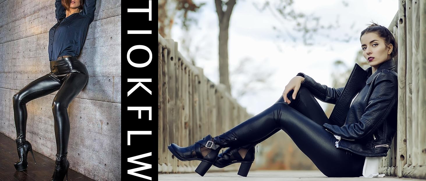 TIOKFLW Lederoptik Leggings Damen mit Innenfleece High Waist Lederimitat Hose Warm Winter