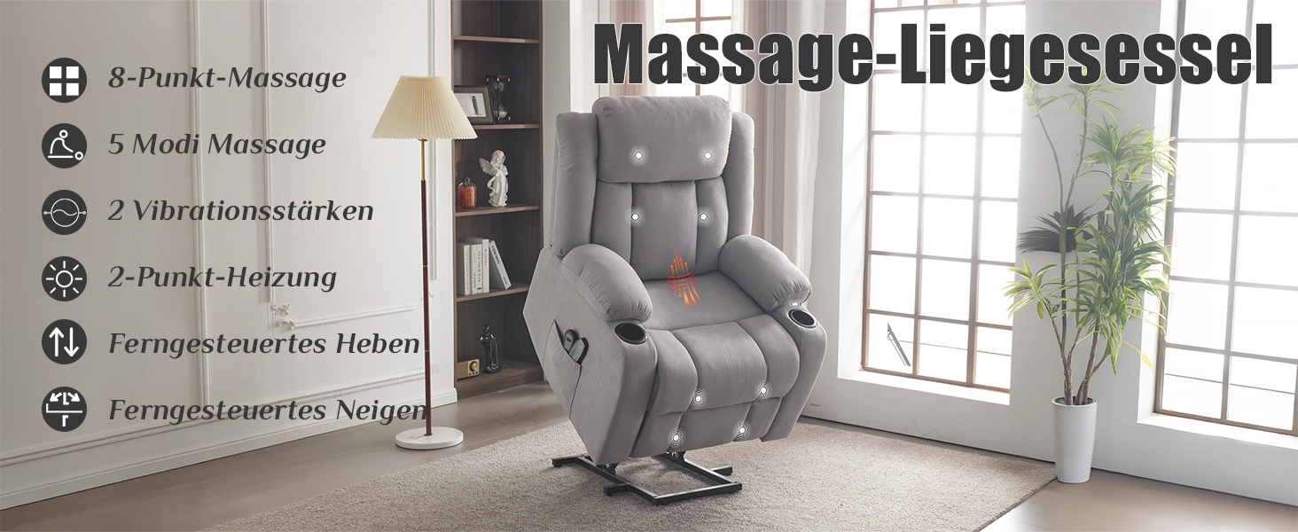 Grauer verstellbarer Massagesessel mit Fernbedienung. Zur Ausstattung gehören eine 8-Punkt-Massage, 5 Modi, 3 Vibrationsstufen, eine 2-Punkt-Heizung und eine einstellbare Höhen-/Neigungseinstellung. Wird in einer Wohnzimmeratmosphäre gezeigt