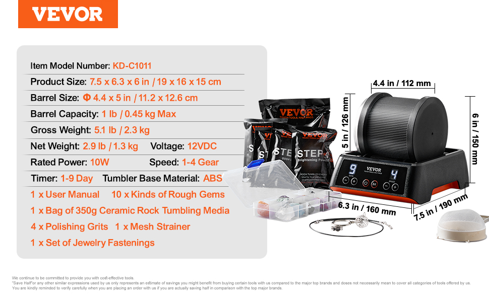 VEVOR Direct Drive Rock Tumbler Kit, 4Speed/9Day Timer, Professional