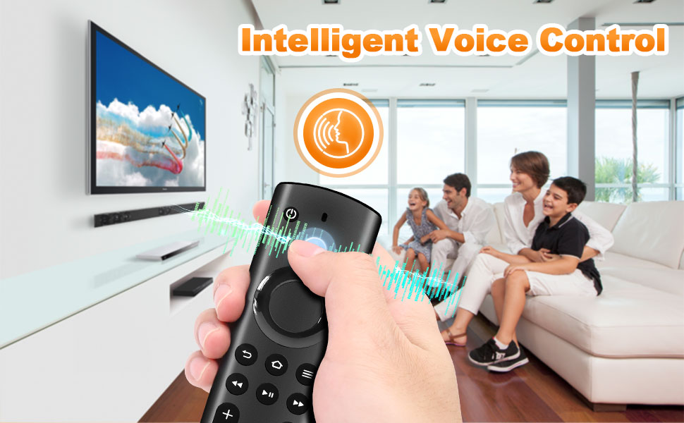 Remote control with voice control feature, shown in foreground. Background displays family on couch watching large TV with soundbar, illustrating smart home entertainment setup.