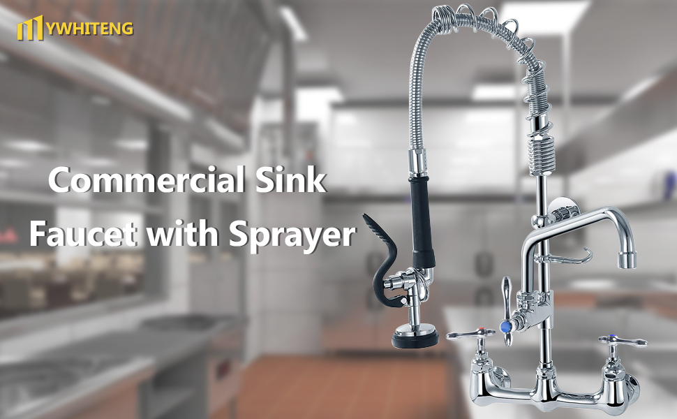 MYWHITENG Commercial Faucet with Sprayer, 8 Adjustable Center Wall Mounted