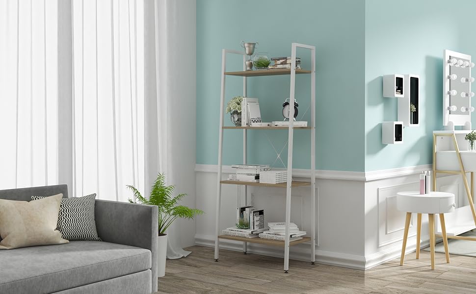 WOLTU Scaffale A Scala Libreria Portaoggetti In Legno Acciaio Con 4 Ripiani Nero+faggio 11 1