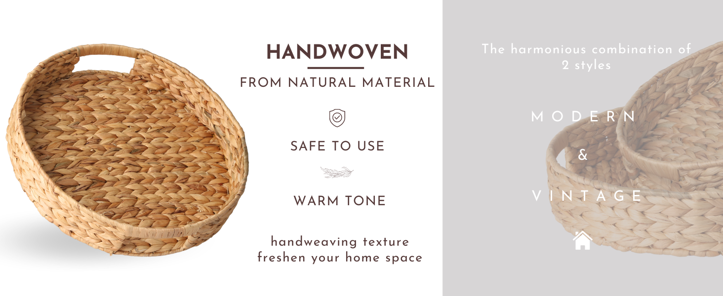 Round Hyacinth Trays Set of 2, 11.8 Inches Natural Wicker