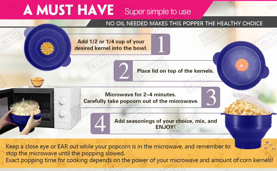 The Original Korcci Microwaveable Silicone Popcorn Popper, BPA Free Microwave Popcorn Popper