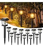 Escenas nocturnas al aire libre que muestran varias linternas alimentadas por energía solar iluminadas en un jardín, creando una iluminación ambiental a lo largo de un camino.