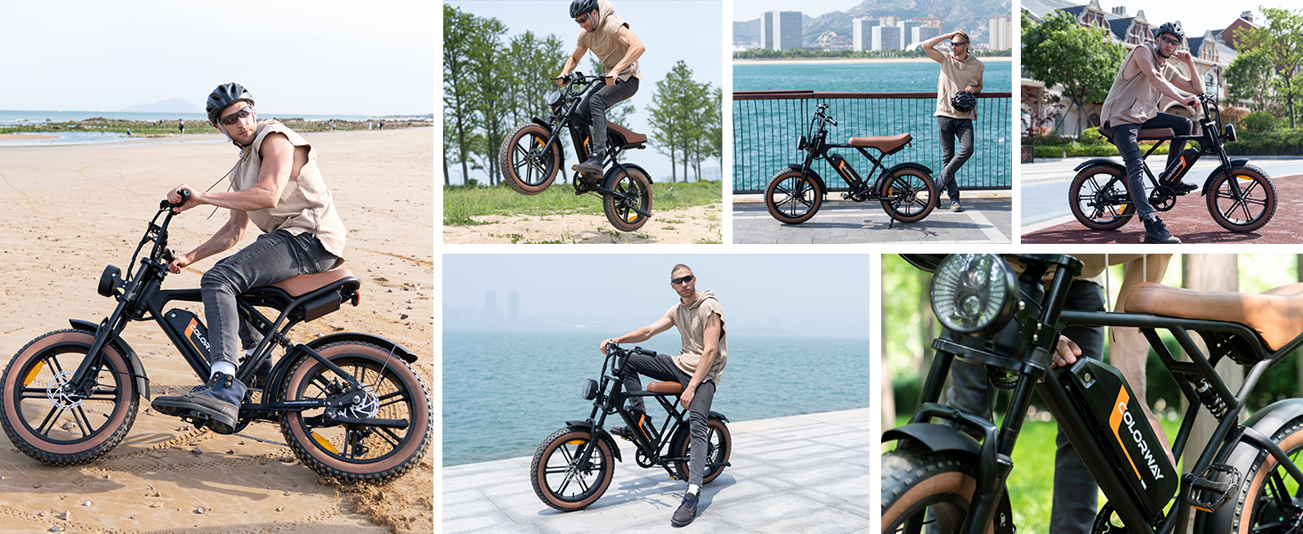Collage aus sechs Bildern, die ein Elektrofahrrad in verschiedenen Umgebungen zeigen. Mit dicken Reifen, Tretunterstützung und Fahrern, die den Einsatz an Stränden, Stadtgebieten und Parks demonstrieren