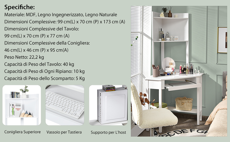 COSTWAY Scrivania Angolare In Legno, Scrivania Porta PC Con Libreria, Vassoio Per Tastiera E Ripiani, Scrivania Salvaspazio E Moderna Per Casa E Ufficio, 70 X 70 X 172 Cm, Bianco 14 2