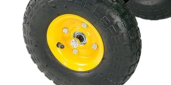 a close up of the wheelbarrow's yellow wheels.