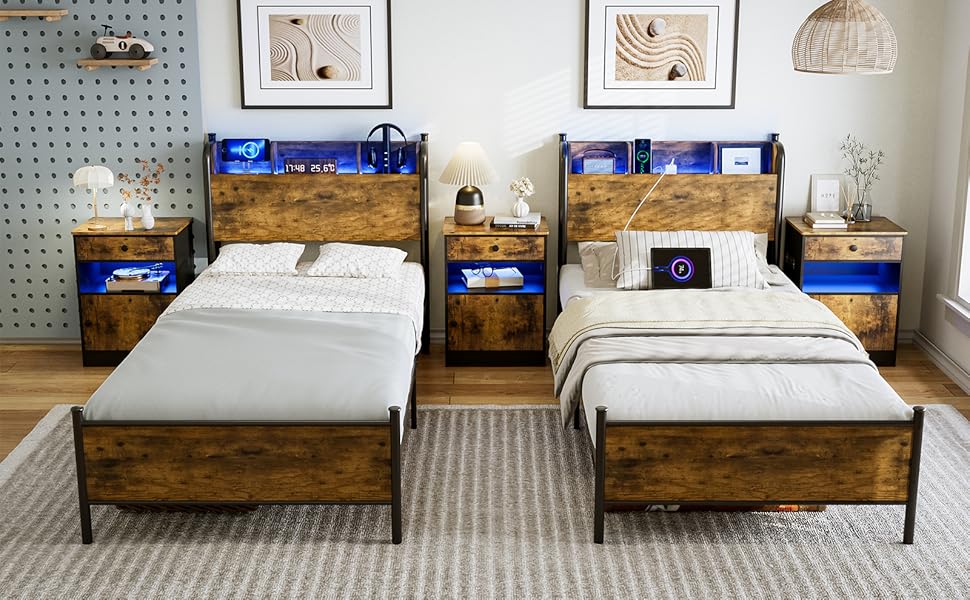 IKIFLY LED Bed Frame Twin XL with Storage Shelf Headboard