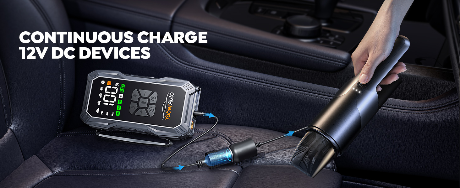 Car charging system with digital display unit and handheld vacuum cleaner. Text reads 'Continuous Charge 12V DC Devices'. Display shows battery percentage and charging status.